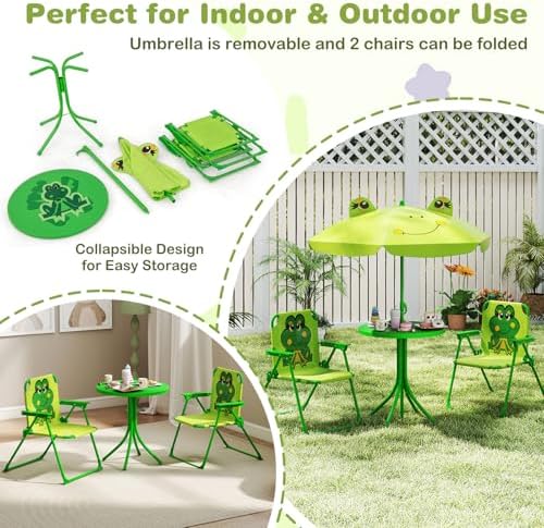 Costzon Kids Picnic Table, Kids Outdoor Table with 2 Folding Chairs, Height Adjustable Umbrella, Portable Children Outdoor Furniture for Patio, Garden, Backyard (Light Green)