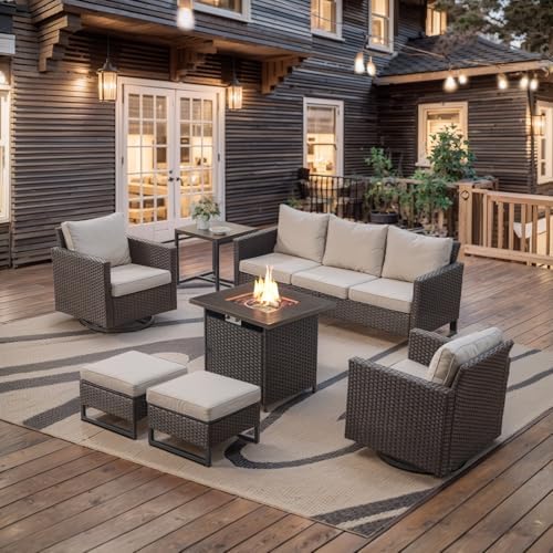 Belord 7 Pieces Patio Furniture Set with Fire Pit Table: Wicker Patio Conversation Set with Outdoor Swivel Glider Rocker Patio Couch Metal Side Table, All Weather Brown Rattan