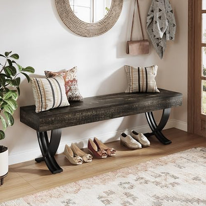 Tribesigns Entryway Shoe Bench, 55-Inch Wooden Shoe Bench with Metal X-Shaped Legs, Industrial Long End of Bed Stool with Seating for Living Room, Bedroom, Hallway, Porch (Oak & Black)
