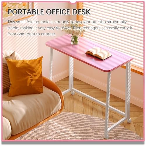 4NM 31.5" Mobile Small Folding Desk, Foldable Rolling Computer Home Office Desk, Study Writing Table for Small Space Saving Bedroom, with Wheels - Pink and White