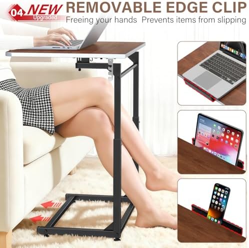 Extra Large TV Tray Table Set of 2, Heavy Duty C-Shaped Laptop Desk with 8-Level Height & 90° Tilt, Folding Overbed End Table for Couch and Bed, Walnut Finish with Phone/Tablet Slot for Small Spaces