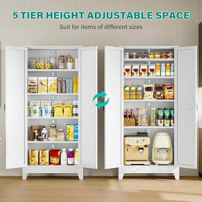 SISESOL 72" Tall Pantry Cabinet,Wide & Deep Farmhouse Kitchen Pantry Storage Cabinets with 2 Doors and 5 Shelves,White Metal Storage Cabinet,Large Cupboard for Home,Kitchen,Dining/Living Room