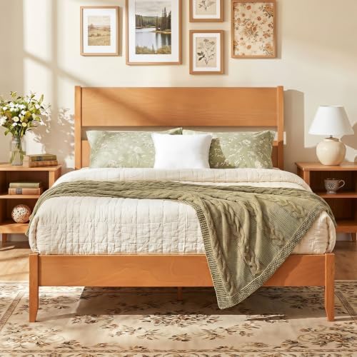 GIANTEX Queen Size Wooden Bed Frame with Slatted Headboard (Warm Brown)