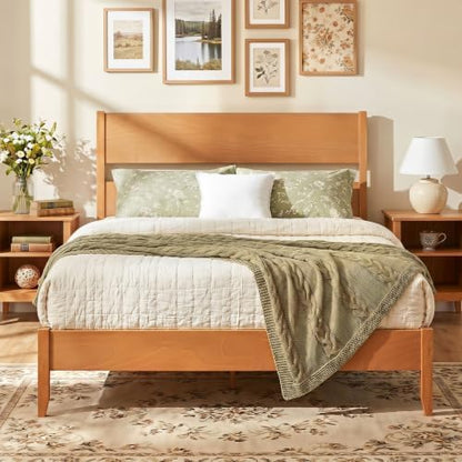 GIANTEX Queen Size Wooden Bed Frame with Slatted Headboard (Warm Brown)