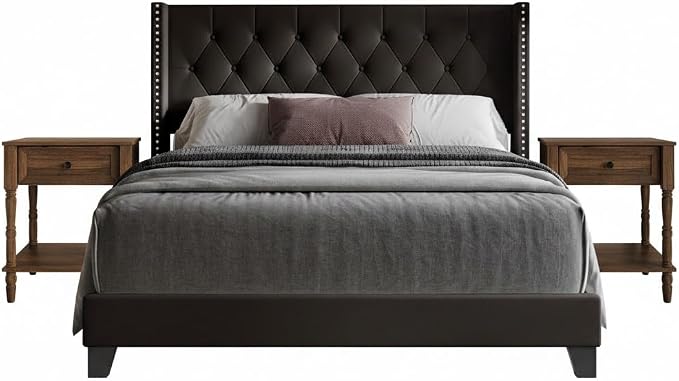 HOME DESIGN Homer Twin Tufted Wingback Upholstered Panel Bed with 2 Matching 1 Drawer Nightstands, Bedroom Furniture Set with Open Shelf Storage, Brown Brown