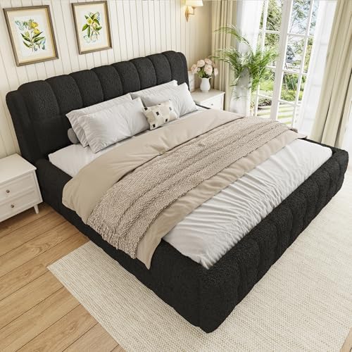 King Size Upholstered Platform Bed, Berber Fleece Bed Frame with Foam Headboard, Wood Slat Support for King Mattress, Modern Boucle Platform Bed for Master Bedroom, No Box Spring Needed, Black