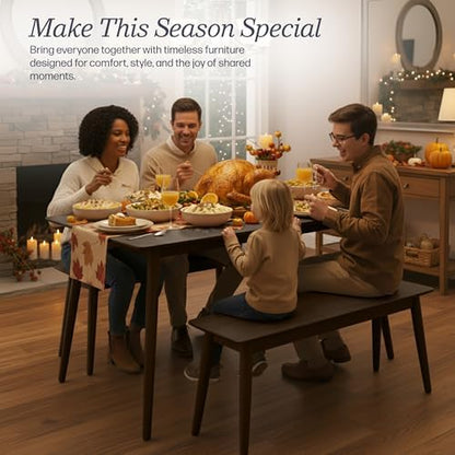 Alaterre Calais Wooden Dining Table Set for 4 with Benches, Warm Walnut