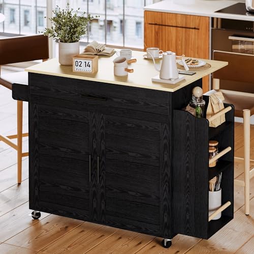 IRONCK Kitchen Island with Storage, Charging Station and Drop Leaf, Black