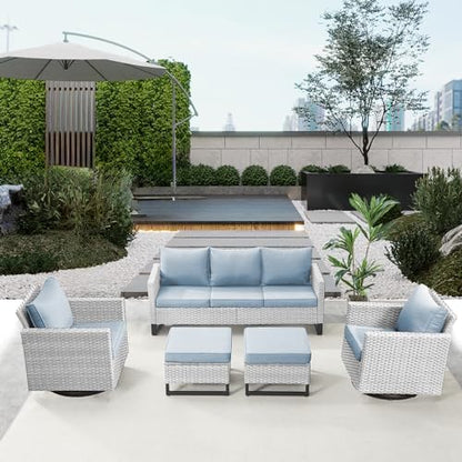 Belord Wicker Patio Furniture 5 Piece Outdoor Sofa Set, Oversize Outdoor Swivel Rocker Chairs with Rattan Ottomans, Conversation Sets Patio Furniture Come with Removable Cushion Baby Blue, Light Grey