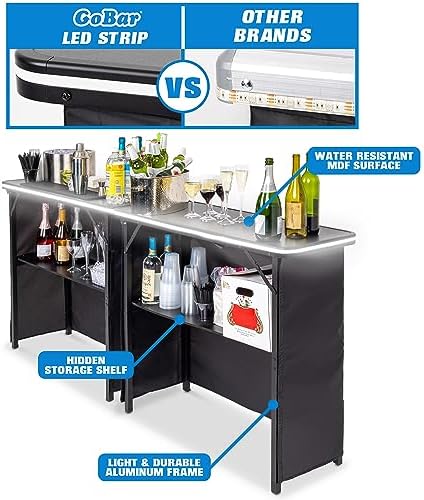 GoBar Portable Double Bar Table Set with Multi-Color LED Lights - Mobile Bartender Station for Events - Includes Carrying Case