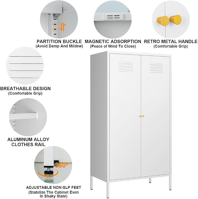 2 Door Metal Cabinet with Hanging Rod and 2 Freely Adjustable Shelves,Storage Locker Cabinet Closet for Home,Office,Garage (Storage Cabinet, White)