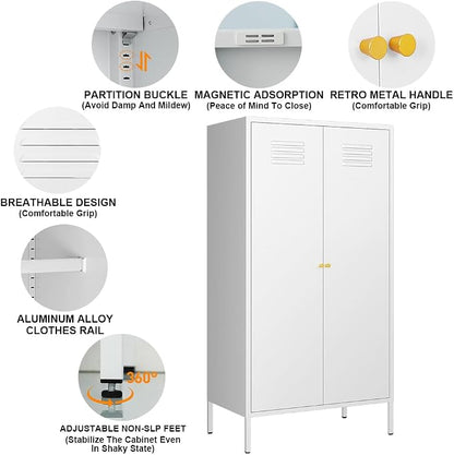 2 Door Metal Cabinet with Hanging Rod and 2 Freely Adjustable Shelves,Storage Locker Cabinet Closet for Home,Office,Garage (Storage Cabinet, White)