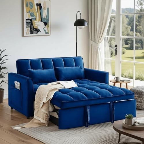 Pull Out Couch, Convertible Sofa Bed With Side Pockets, 3 in 1 Velvet Fabric Loveseat sleeper sofa bed, Love Seat Sleeper Bed with Adjustable Backrest for Living Room, Bedroom, Apartment, Blue