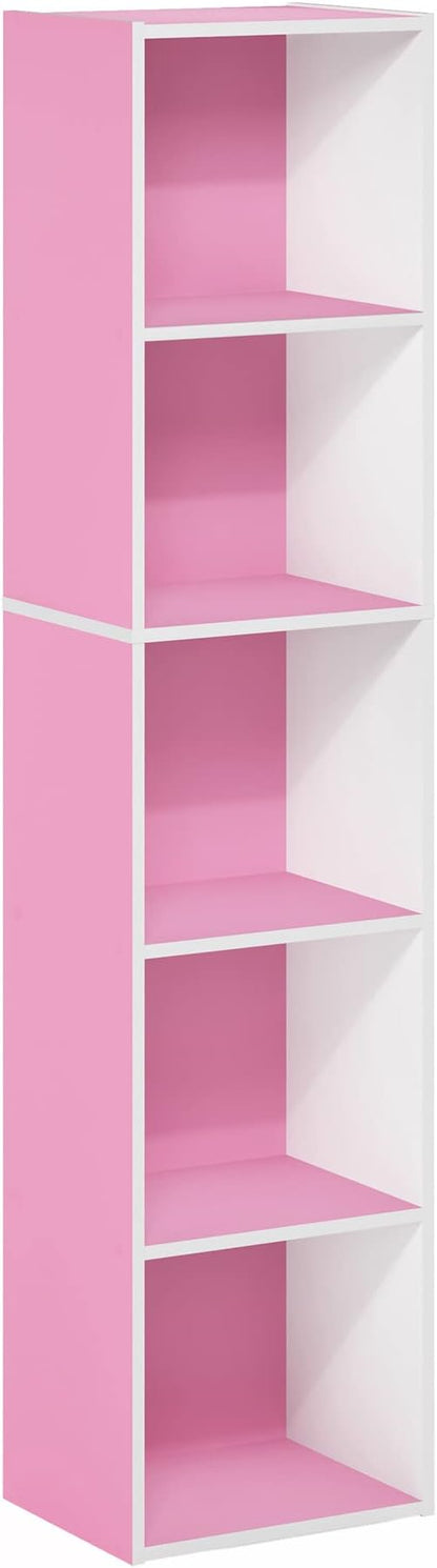 Furinno PASIR Book Shelf, 5-Tier Modern Bookshelf, Open Shelves Bookcase 9 x 12 x 52, Easy Assembly, for Living Room, Bedroom, Home Office, Pink/White