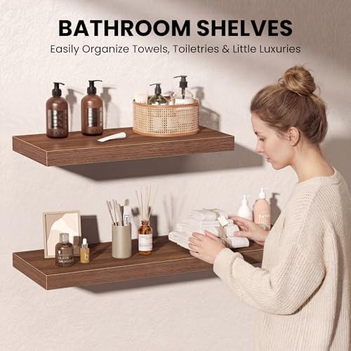 40 Inch Floating Shelves, 12 Inch Deep Wall Shelves, 40 x 12 Floating Shelf Set of 2, Walnut Wood Floating Shelf Wall Mounted, Large Kitchen Living Room Bedroom Bathroom Storage Shelves