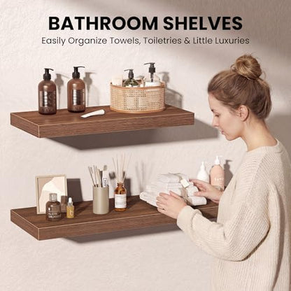 40 Inch Floating Shelves, 12 Inch Deep Wall Shelves, 40 x 12 Floating Shelf Set of 2, Walnut Wood Floating Shelf Wall Mounted, Large Kitchen Living Room Bedroom Bathroom Storage Shelves