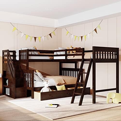 Wood L-Shaped Bunk Bed with Loft Bed Attached for 3 Kids,Twin Over Full Corner Bunk Beds with 3 Drawers, Ladder and Staircase,No Box Spring Needed (Espresso/L+A)