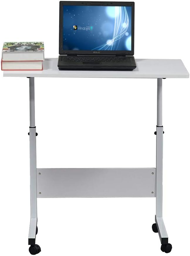 Standing Desk - Side Table Adjustable Height, Portable Laptop Cart, C-Shaped Bed Couch end Tables with Edge Stopper - Wheels for Living Room Bedroom Walking Pad Treadmill 31.5Inch White