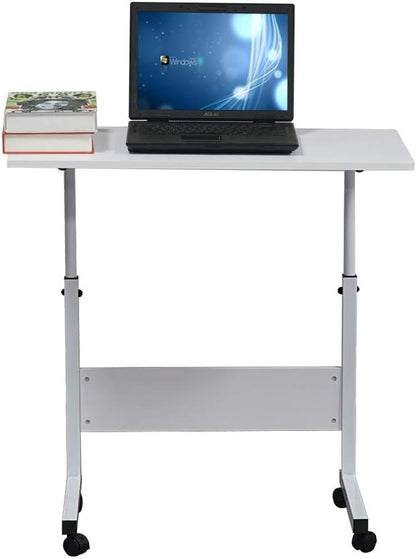 Standing Desk - Side Table Adjustable Height, Portable Laptop Cart, C-Shaped Bed Couch end Tables with Edge Stopper - Wheels for Living Room Bedroom Walking Pad Treadmill 31.5Inch White