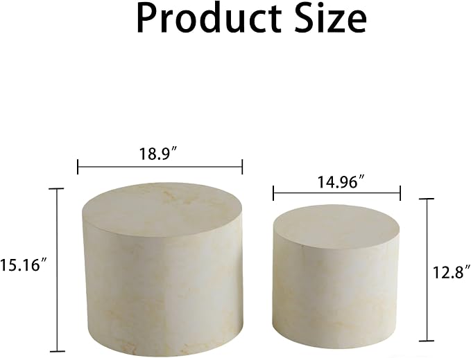Nesting Round Coffee Table Set of 2, Accent End Table for Small Spaces, Morden Drum Side Table, Wooden Circle Center Table for Living Room, Fully Assembled - Faux Marble