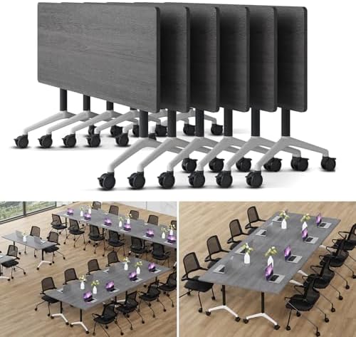 Folding Conference Table Modern Large Mobile Meeting Table Rolling Conference Room Tables with Wheels Seminar Tables for Office Training Classroom (6, Oak Grey, 63" D X 19.7" W X 29.5" H)