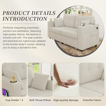 YOPTO 68" 2-seat Sofa, USB Charging, Storage & Cup Holders, Chenille, Beige
