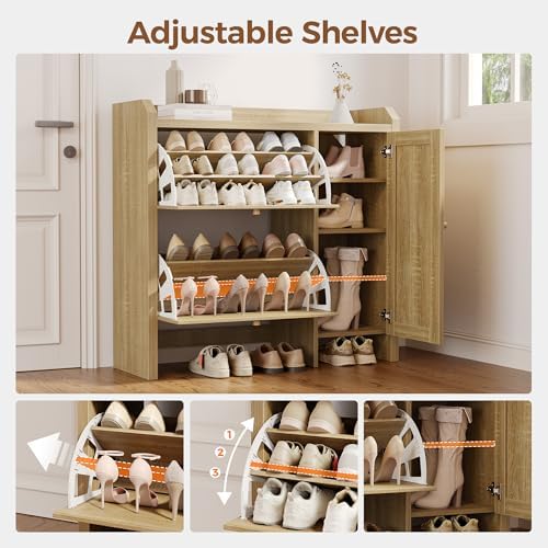 Rattan Shoe Cabinet w/ 2 Flip Drawers&Side Storage, Narrow Hidden Shoe Rack