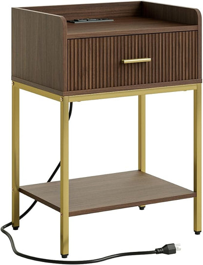 Nightstand with Charging Station, 3-Tier Bed Side Table, Small End Table, Night Stand with Open Shelf and Drawer, Bedside Table for Bedroom, Living Room, Walnut
