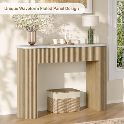 47" Console Table, Fluted Sofa Table with Sturdy Construction, Small Curved Entryway Table for Entrance, Behind The Couch, Hallway, Living Room, Foyer（Faux Marble White+Natural）