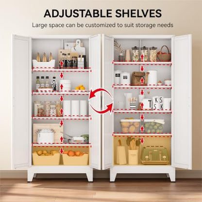 COFaR 71" White Pantry Cabinet with Vertical-Groove Doors and Shelves