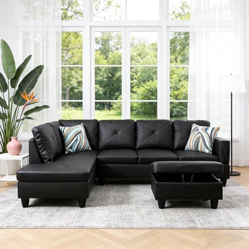 97 inch L-Shape Sofa with Storage Ottoman, Leather Sectional Couch with Left Chaise, Modern 3-Piece Sofa Set, Upholstered Couch Set with Solid Wood Frame for Apartment, Loft, Black