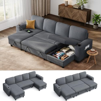 LINSY HOME Pull Out Sofa Bed Sectional Sleeper Sofa with Storage, Plush Corduroy Pullout Modular Sectional Couches for Living Room, U Shaped Convertible Couch Bed for Apartment (Grey)