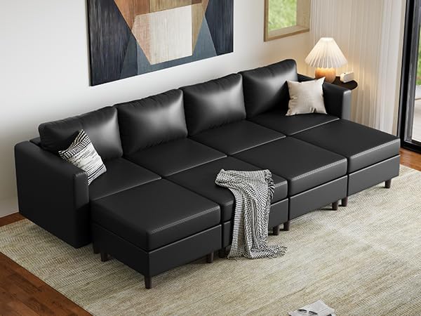 ABCASA 118.5" Faux Leather Luxury Modular Sleeper Sofa Bed with Storage Seat, 8 Seat Sectional Couch Deep Seat with Reversible Chaises & Removable Cover - Black