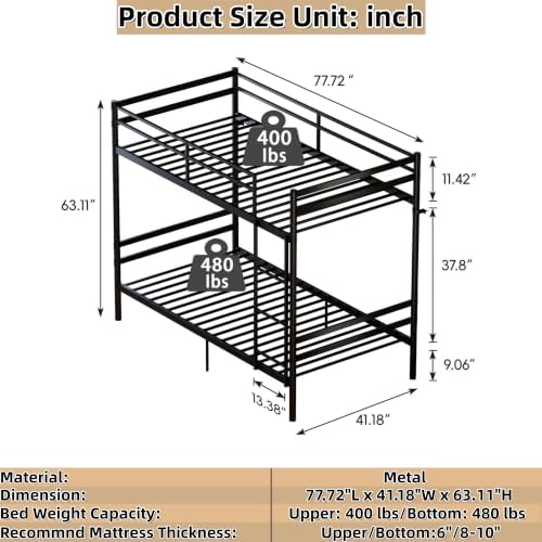 Metal Bunk Bed Twin Over Twin, Heavy Duty Twin Bunk Bed with Ladder & Safety Guardrails for Kids/Teens/Adults, Convertible into 2 Individual Beds, Under-Bed Storage Space, Black