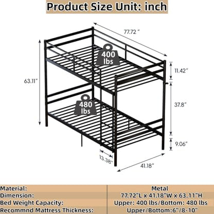 Metal Bunk Bed Twin Over Twin, Heavy Duty Twin Bunk Bed with Ladder & Safety Guardrails for Kids/Teens/Adults, Convertible into 2 Individual Beds, Under-Bed Storage Space, Black