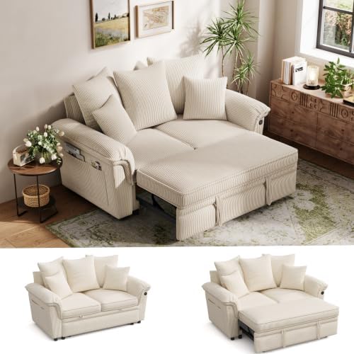 LINSY HOME Sectional Couch with Pull Out Bed, Large Corduroy Modular Loveseat Sleeper Sofa, Wide Armrest, 62" 2 Seats Sectional Couch for Living Room, Beige