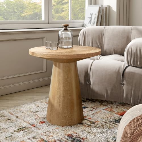 Furniture of America Lestara Modern Solid Rubberwood 20-inch Round End Table with Cone-Shaped Pedestal Base, Living Room Furniture for Small Space, Home Office, Oak Finish