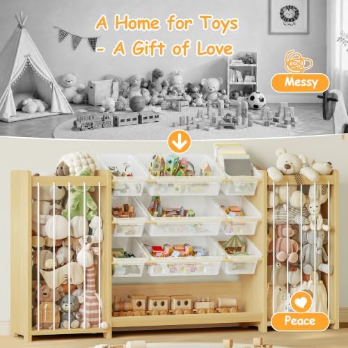 Anmon 3-in-1 Montessori Toy Organizer with Bookshelf, 9 Clear Bin & Plush Storage (64.2" W)