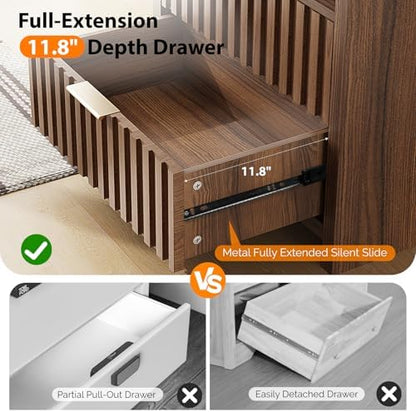 VINGLI Fluted Nightstand with Charging Station, 23.6" W Mid Century Modern Nightstand for Bedroom, 2 Drawer Bedside Table, End Tables Bedroom, Wood Side Table, Brown