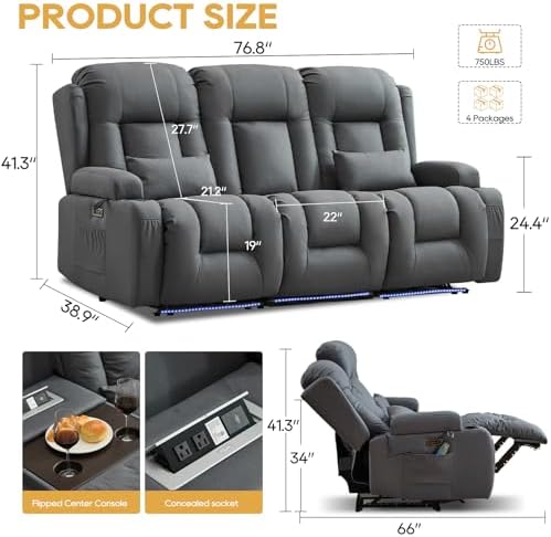 IPKIG Power Loveseat Recliner Sofa with Flip Back Console, 76.8" - 3 Seat