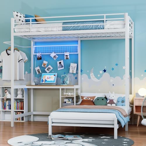 Bellemave Twin Over Twin bunk Bed with Desk and LED Charging Station, loft Bed with Desk and Shelves Drawer, Twin Over Twin Metal Bunk Beds with Storage, White