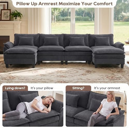 IPKIG 117" Modular Sectional Cloud Couch, Modern L-Shaped Sofa with Ottoman