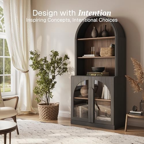 BELLEZE Arched Bookshelf with Glass Doors, 71" Tall Wood Display Cabinet with Adjustable Shelf and Hutch, 5 Tier Modern Bookcase Shelf with Storage for Living Room Office, Ebony