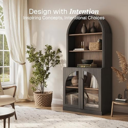 BELLEZE Arched Bookshelf with Glass Doors, 71" Tall Wood Display Cabinet with Adjustable Shelf and Hutch, 5 Tier Modern Bookcase Shelf with Storage for Living Room Office, Ebony