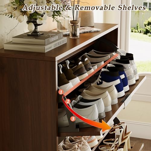 Fluted Shoe Cabinet with 2 Flip Drawers, Narrow Wood Shoe Storage Cabinet, Slim Shoe Rack for Entryway, Freestanding Shoe Cabinet for Living Room, Hallway, Walnut