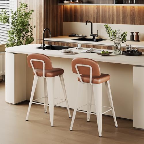 Aklaus PU Leather Metal Bar Stools 24 inch Faux Leather Counter Height Barstools Set of 2 Modern Farmhouse Bar Chairs with High Backs and Faux Leather Seat for Kitchen Island Dining Room White Brown