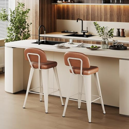 Aklaus PU Leather Metal Bar Stools 24 inch Faux Leather Counter Height Barstools Set of 2 Modern Farmhouse Bar Chairs with High Backs and Faux Leather Seat for Kitchen Island Dining Room White Brown
