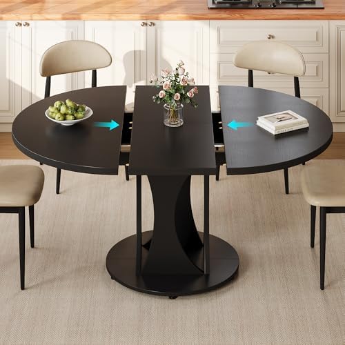 59" Extendable Round Dining Table for 6-8, Kitchen Table with Sturdy Double Arc Base & Backboard Clasp Desktop, Mid-Century Modern Dinner Table, Kitchen Dining Room, Space Saving, Black