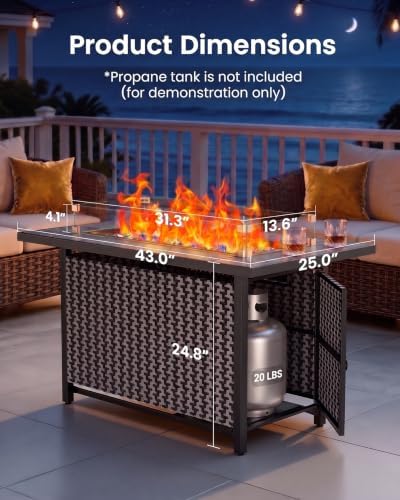 Ciays 43″ Fire Pit Table, Outdoor Propane Fire Pit Table with Premium Ceramic Tabletop, Glass Wind Guard, Lid, Glass Rock, 50,000 BTU CSA-Certified Gas Fire Pits for Outside Patio, Party, Deck