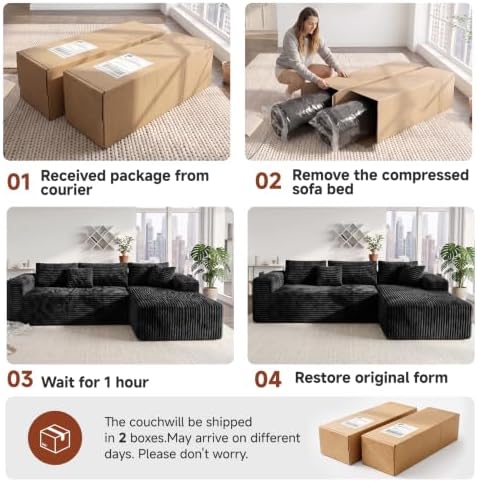 Couch ≈105inch,L-Shaped Sofa,Boneless Couch,with Chaise (Black)